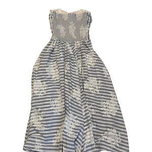 Studio E Strapless Dress Boned Bodice SZ 3/4 USA Blue Striped Floral Romantic